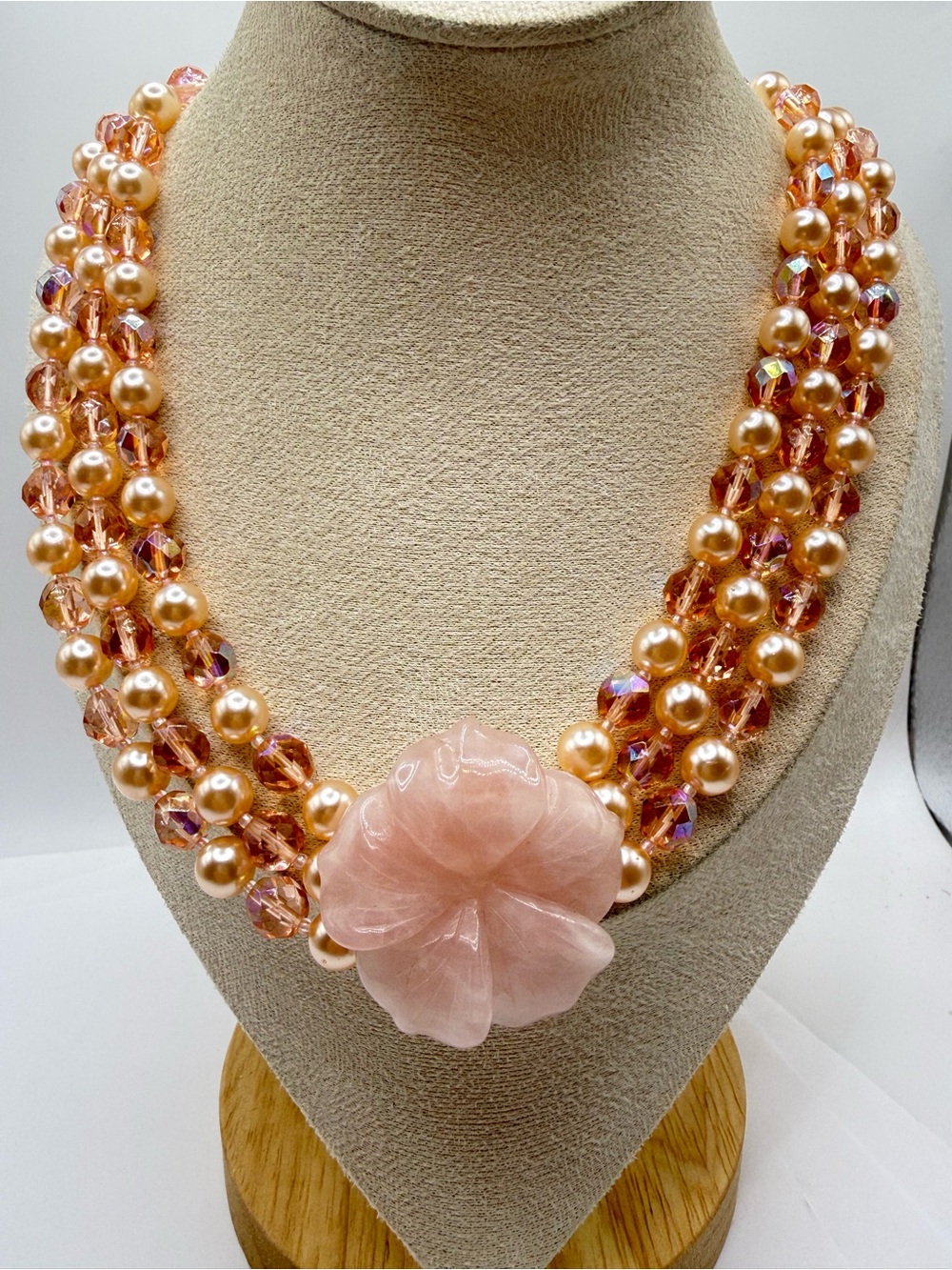 Vintage Rose Quartz Carved Flower And Pink AB Statement Necklace
